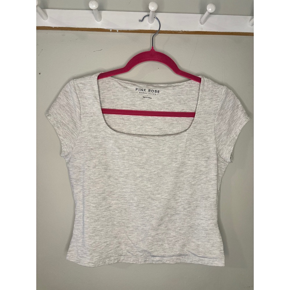 Pink Rose Square Neck Baby Tee Gray Modal Blend Fitted Y2K Womens L